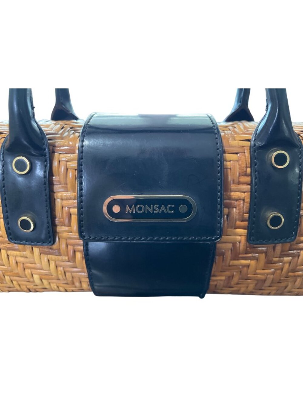 Vtg Monsac Woven Rattan Wicker & Black Leather Handbag Box Purse Top Handles - Picture 5 of 8